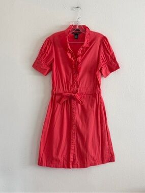 Antilia Femme Coral-Red Button-Front Midi Dress with Tie Waist